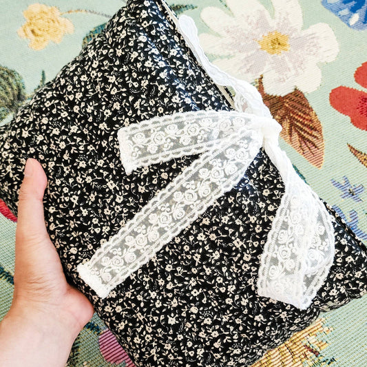 Black Flower Large Padded Book Sleeve with Lace Ribbon