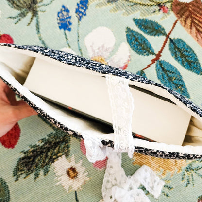 Black Flower Large Padded Book Sleeve with Lace Ribbon
